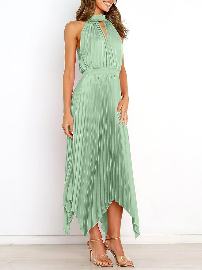 ANRABESS Women's Sleeveless Cutout Halter Neck Satin Formal Dress Smocked Pleated Asymmetric Party Cocktail Maxi Dress