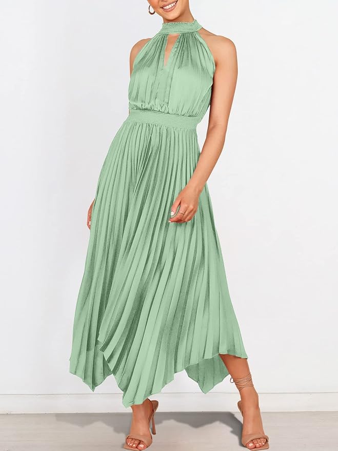 ANRABESS Women's Sleeveless Cutout Halter Neck Satin Formal Dress Smocked Pleated Asymmetric Party Cocktail Maxi Dress