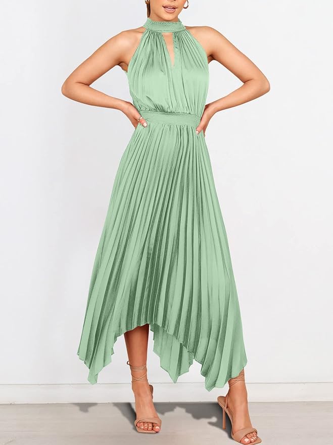 ANRABESS Women's Sleeveless Cutout Halter Neck Satin Formal Dress Smocked Pleated Asymmetric Party Cocktail Maxi Dress