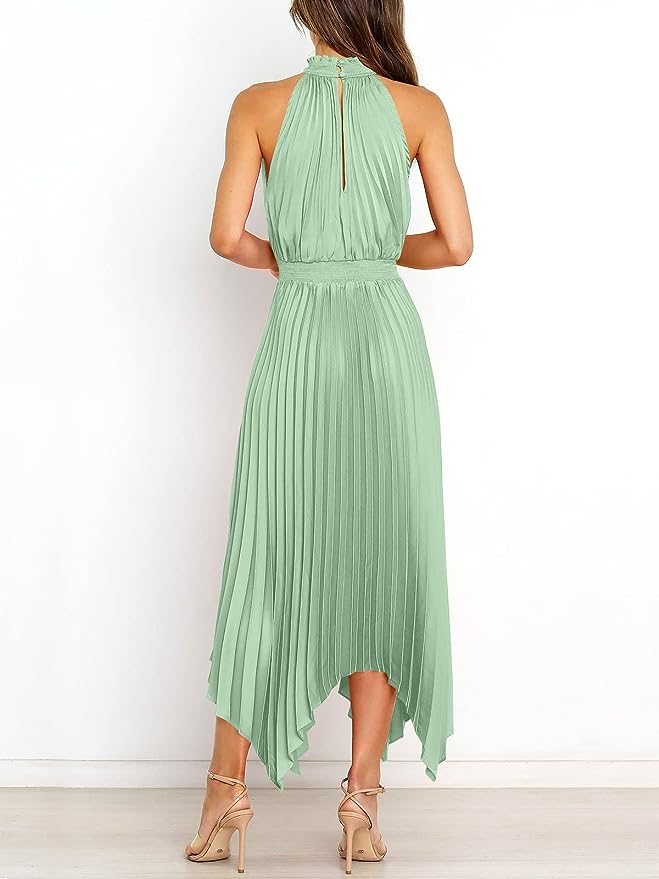 ANRABESS Women's Sleeveless Cutout Halter Neck Satin Formal Dress Smocked Pleated Asymmetric Party Cocktail Maxi Dress