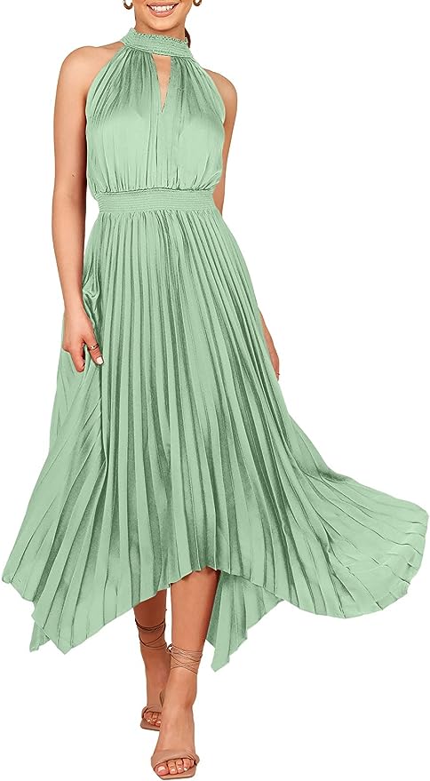 ANRABESS Women's Sleeveless Cutout Halter Neck Satin Formal Dress Smocked Pleated Asymmetric Party Cocktail Maxi Dress