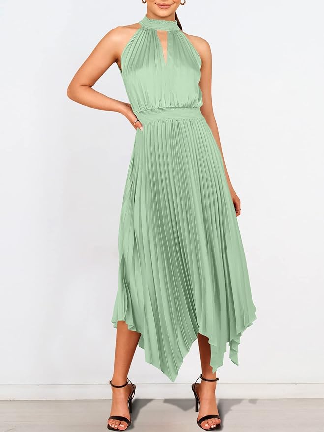 ANRABESS Women's Sleeveless Cutout Halter Neck Satin Formal Dress Smocked Pleated Asymmetric Party Cocktail Maxi Dress