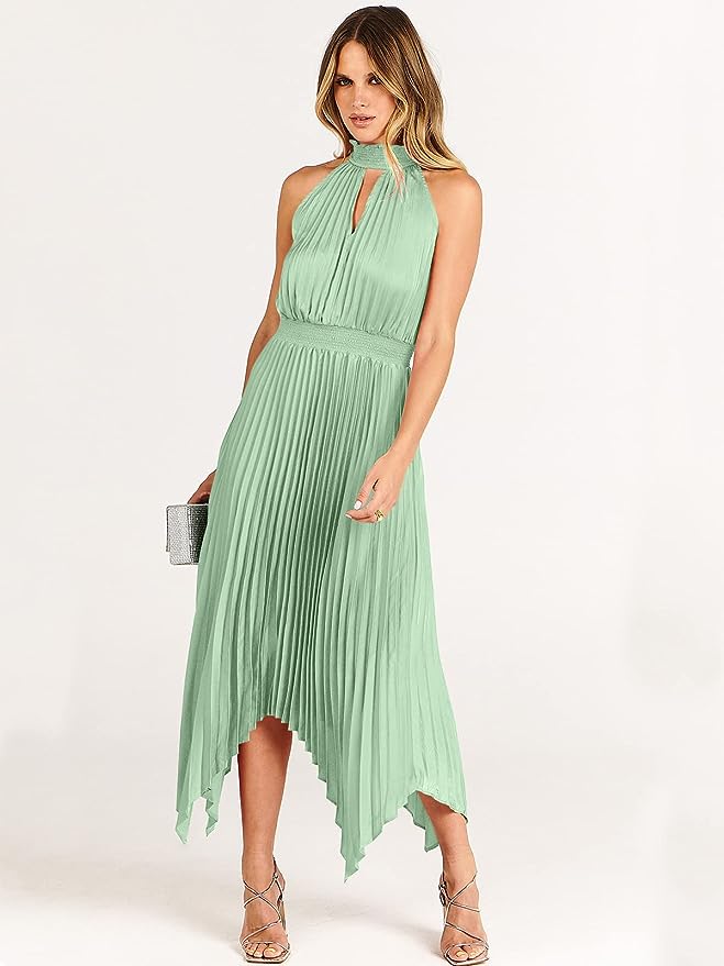 ANRABESS Women's Sleeveless Cutout Halter Neck Satin Formal Dress Smocked Pleated Asymmetric Party Cocktail Maxi Dress