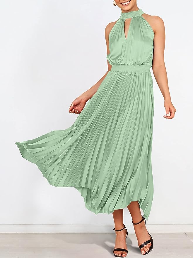 ANRABESS Women's Sleeveless Cutout Halter Neck Satin Formal Dress Smocked Pleated Asymmetric Party Cocktail Maxi Dress